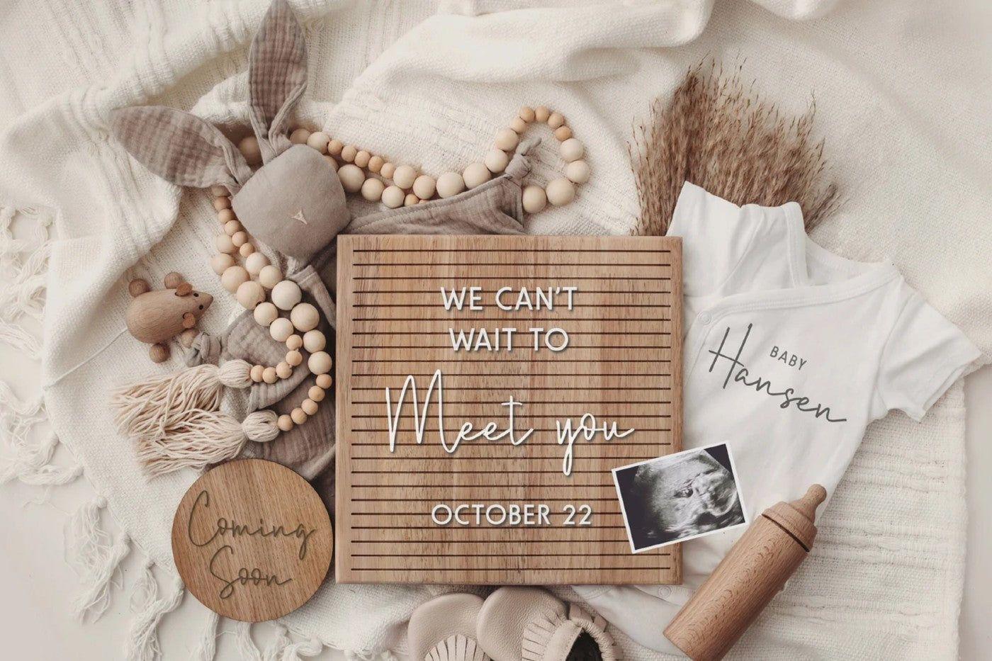 Neutral colored pregnancy announcement letterboard template that says "we can't wait to meet you" with a picture of an ultrasound